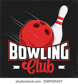 Hand drawn red bowling ball with white striped pin ready to strike badge for bowling club isolated