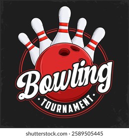 Hand drawn red bowling ball with white striped pins ready to strike for a bowling tournament event 