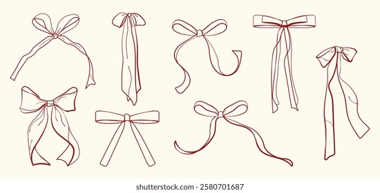 Hand drawn red bows with ribbons. Isolated. Vector illustration for wedding invitations, menus, cards for Christmas, Valentine's day, birthday and other holidays.