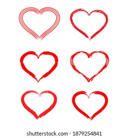 Hand Drawn red brush hearts isolated on white background. Vector illustration for your graphic design