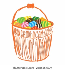 A hand drawn red bucket filled with assorted candies. Perfect for holiday celebrations, party favors, and event branding.