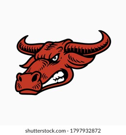 Hand drawn of red bull head illustration with strong head and red color. Illustration for logo, t-shirt or logo isolated on white background
