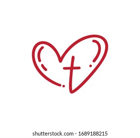 Hand drawn red calligraphy logo of Christian cross and heart love drawn by monoline brush. Isolated sign or symbol on a white background.