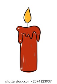 Hand drawn red candle with melting wax and a warm flame, perfect for Christmas decor and festive ambiance vector illustration