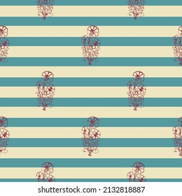 Hand drawn red carnations on a background of faded teal and cream horizontal stripes. Seamless repeat vector pattern. Great for fashion, textiles, surface textures, giftwrap, wallpaper.