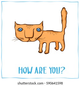 Hand drawn red cat on white background. Hand drawn lettering. Vector illustration.