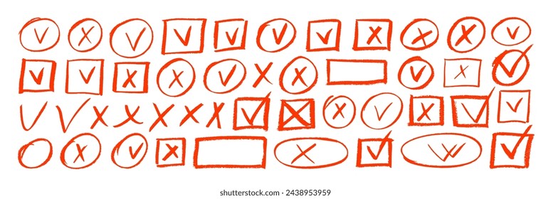 Hand drawn red charcoal check marks and crosses in oval or square frames. Empty and filled boxes for answers in test, confirmation or negation crayon icons. Vector check signs, doodle crosses.