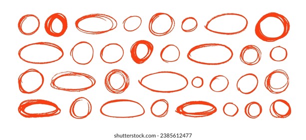 Hand drawn red charcoal ovals collection. Ellipses in doodle style, round shapes and cartoon bubbles. Vector round lines for hand drawn diagrams. Various charcoal circle and oval frames.