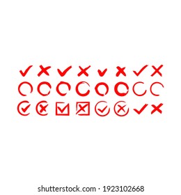 Hand drawn red check mark. For list items, checkbox chalk icon, and sketch check mark. Vector check mark icon set. White background.