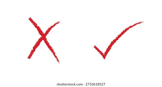 Marca de verificación roja dibujada a mano y signo X cruzado. Pincelada correcta e incorrecta, Vector de símbolo de marcador correcto e incorrecto.