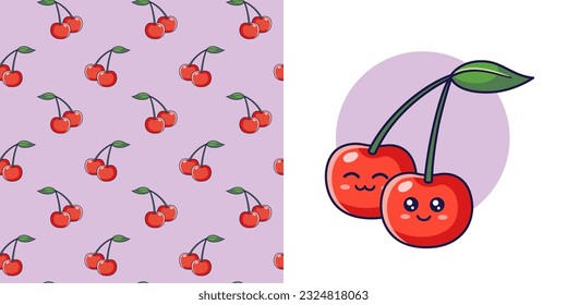 Hand drawn red Cherry in doodle style for designing baby clothes. Postcard with Cherry and seamless pattern. Cartoon Bohemian nursery print. Kids design texture for pajamas. Vector illustration.