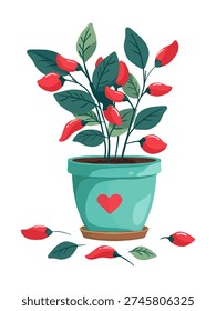 Hand Drawn Red Chili Plant in Decorative Flower Pot