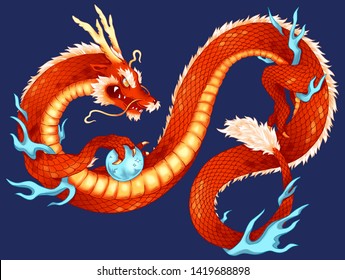 hand drawn red chinese dragon with pearl and lightning