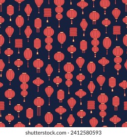 Hand drawn red Chinese lantern seamless pattern on dark blue background