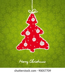Hand drawn red christmas tree on green background