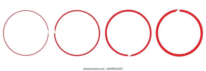 Hand drawn red circle brush sketch set. Grunge doodle scribble round circles for message note mark design element. Brush circular smears. Vector illustration. Eps file 333.