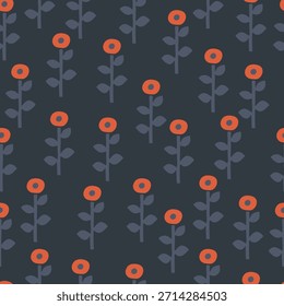 Hand drawn red circle flowers on dark blue background, seamless pattern.