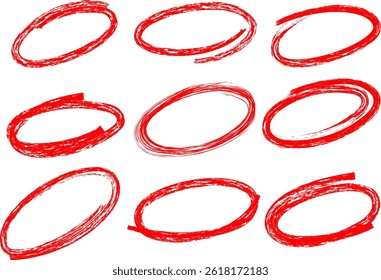 Hand drawn red circle highlight. Red oval hand drawn markers. Brush drawn ellipses, ovals and bubbles to circle and highlight text