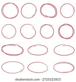 Hand drawn red circle line sketch set. Vector circular scribble doodle round circles for message note mark design element.