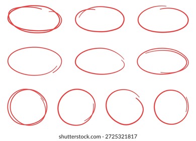 Conjunto de esboços desenhado à mão em círculo vermelho. Rabisco circular vetorial rabiscar círculos redondos para o elemento de design de marca de nota de mensagem.