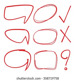 hand drawn red circle, speech bubble, check mark icons