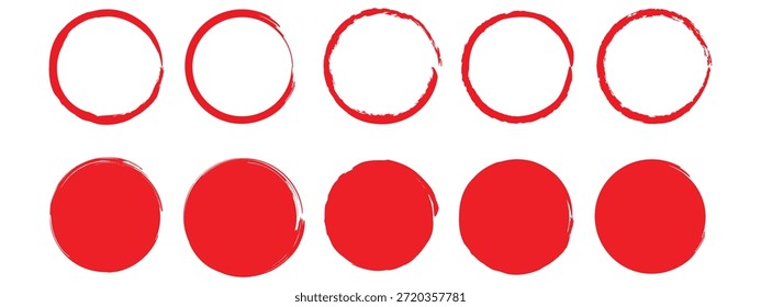 Círculos rojos dibujados a mano y marcos de trazo de pincel con textura grunge sobre fondo blanco. efecto de textura de garabato áspero círculo rojo, símbolo de sello de crayón grunge. Ilustración vectorial.