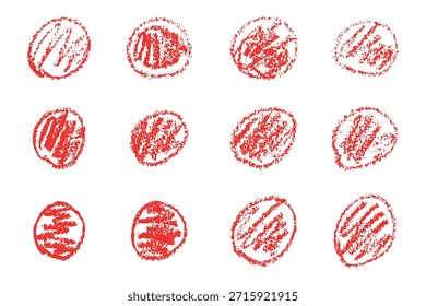 Círculos rojos dibujados a mano con textura de crayón. Estilo de garabato áspero con bordes de tiza y aspecto de marcador audaz. Formas redondas Grunge con efecto pastel o lápiz