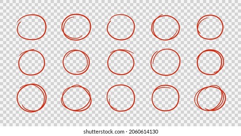 Hand drawn red circles. Highlight round frames. Ovals in doodle style. Set of vector illustration isolated on transparent background.