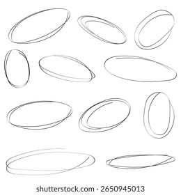 Hand drawn red circles. Highlight round frames. Ovals in doodle style. Set of vector illustration isolated on transparent background.