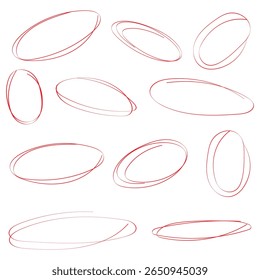 Hand drawn red circles. Highlight round frames. Ovals in doodle style. Set of vector illustration isolated on transparent background.