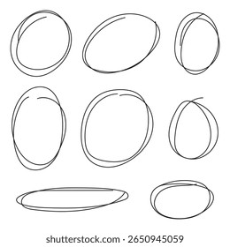Hand drawn red circles. Highlight round frames. Ovals in doodle style. Set of vector illustration isolated on transparent background.