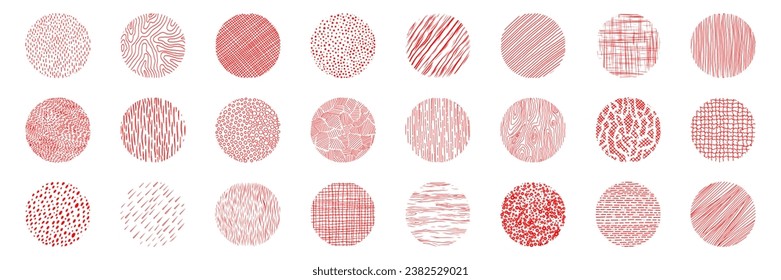 Hand drawn red circles ink textures set. Crosshatch, wood, rain, stippling, circle, linear and other stroke. Freehand doodle shapes collection. Isolated vector illustration.
