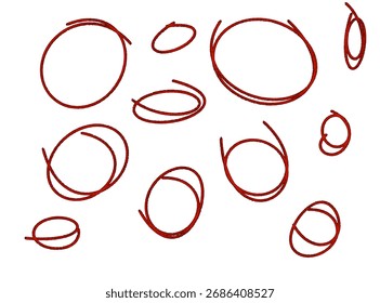Círculos rojos dibujados a mano y óvalos sobre fondo blanco