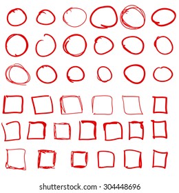 Hand drawn red circles and squares set, check mark icons, vector eps8 collection