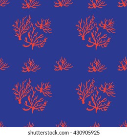 Hand drawn red coral pattern on blue background.