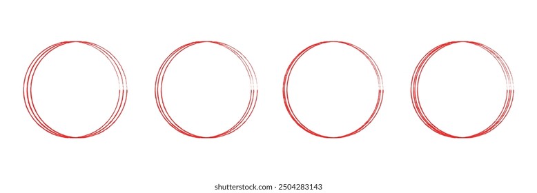 Hand drawn red crayon ovals and circles set. Ellipses in red pencil doodle style. Round freehand shapes, Red round rough thin frames. Vector elements for hand drawn diagrams. design eps 10