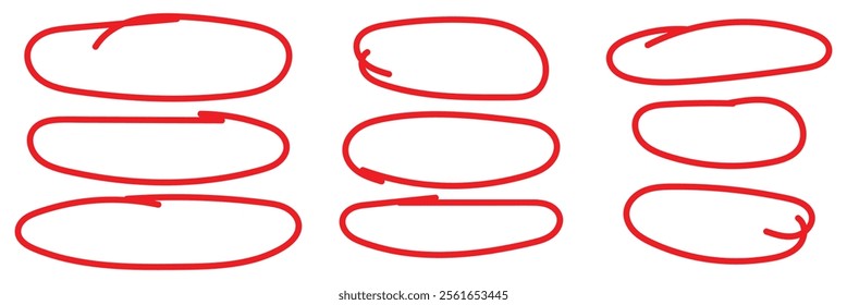 Hand drawn red crayon ovals and circles set. Ellipses in red pencil doodle style. Round freehand shapes, emphasis highlights. Red round rough thin frames. Vector elements for hand drawn diagrams. 