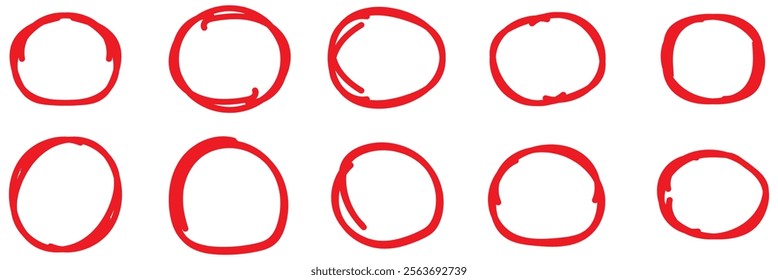 Hand drawn red crayon ovals and circles set. Ellipses in red pencil doodle style. Round freehand shapes, emphasis highlights , vector illustration isolated on transparent background. eps 10