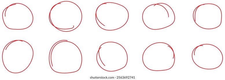 Hand drawn red crayon ovals and circles set. Ellipses in red pencil doodle style. Round freehand shapes, emphasis highlights , vector illustration isolated on transparent background. eps 10