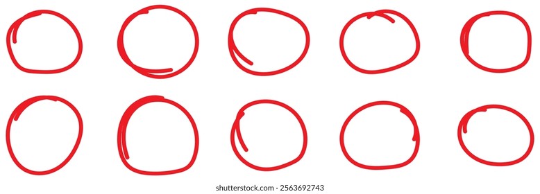 Hand drawn red crayon ovals and circles set. Ellipses in red pencil doodle style. Round freehand shapes, emphasis highlights , vector illustration isolated on transparent background. eps 10