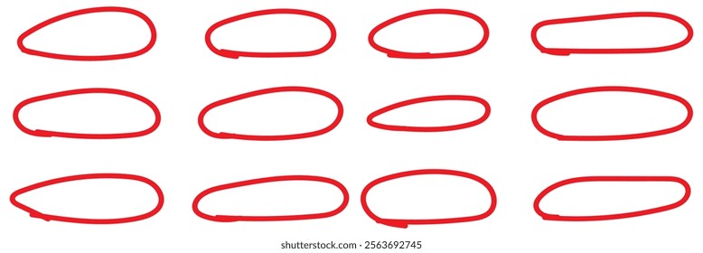 Hand drawn red crayon ovals and circles set. Ellipses in red pencil doodle style. Round freehand shapes, emphasis highlights , vector illustration isolated on transparent background. eps 10