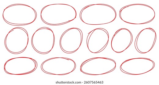 Hand drawn red crayon ovals and circles set. ircular scribble doodle vector illustration. Round frame set. Ellipses in red pencil doodle style. Round shape borders. Brush highlight text circles deign.