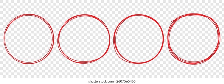 Hand drawn red crayon ovals and circles set. ircular scribble doodle vector illustration. Round frame set. Ellipses in red pencil doodle style. Round shape borders. Brush highlight text circles deign.