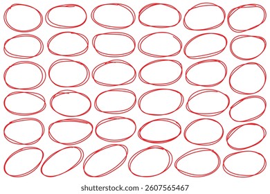 Hand drawn red crayon ovals and circles set. ircular scribble doodle vector illustration. Round frame set. Ellipses in red pencil doodle style. Round shape borders. Brush highlight text circles deign.