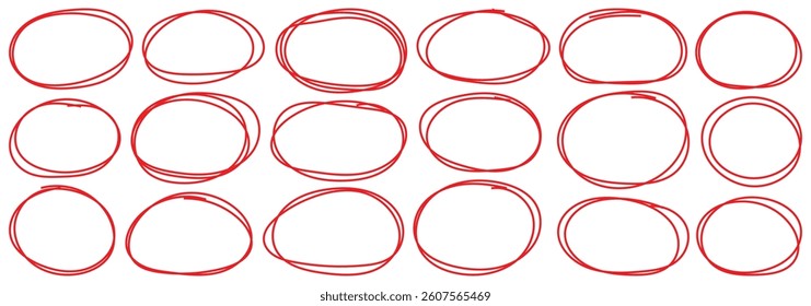 Hand drawn red crayon ovals and circles set. ircular scribble doodle vector illustration. Round frame set. Ellipses in red pencil doodle style. Round shape borders. Brush highlight text circles deign.