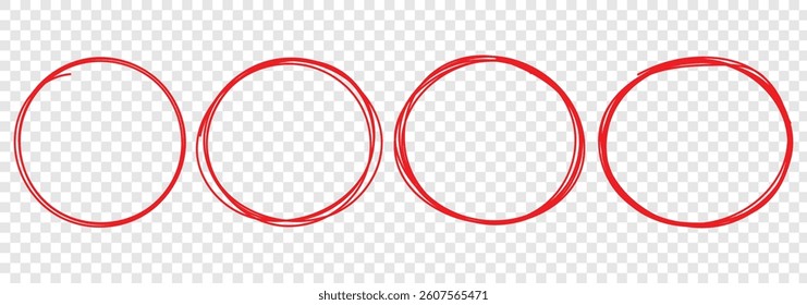 Hand drawn red crayon ovals and circles set. ircular scribble doodle vector illustration. Round frame set. Ellipses in red pencil doodle style. Round shape borders. Brush highlight text circles deign.