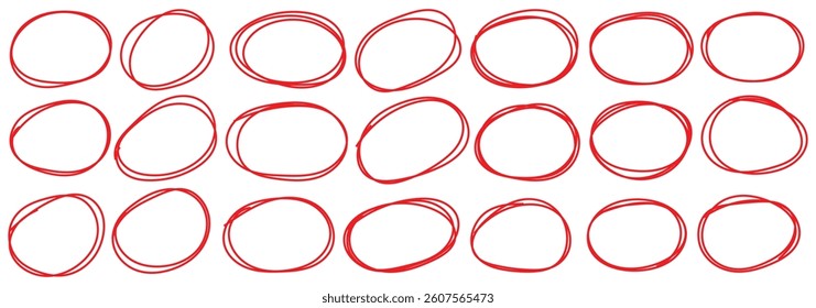 Hand drawn red crayon ovals and circles set. ircular scribble doodle vector illustration. Round frame set. Ellipses in red pencil doodle style. Round shape borders. Brush highlight text circles deign.