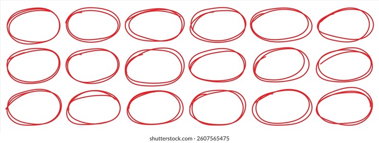 Hand drawn red crayon ovals and circles set. ircular scribble doodle vector illustration. Round frame set. Ellipses in red pencil doodle style. Round shape borders. Brush highlight text circles deign.