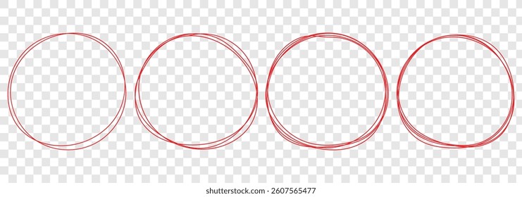 Hand drawn red crayon ovals and circles set. ircular scribble doodle vector illustration. Round frame set. Ellipses in red pencil doodle style. Round shape borders. Brush highlight text circles deign.