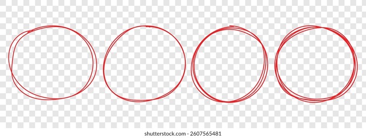 Hand drawn red crayon ovals and circles set. ircular scribble doodle vector illustration. Round frame set. Ellipses in red pencil doodle style. Round shape borders. Brush highlight text circles deign.